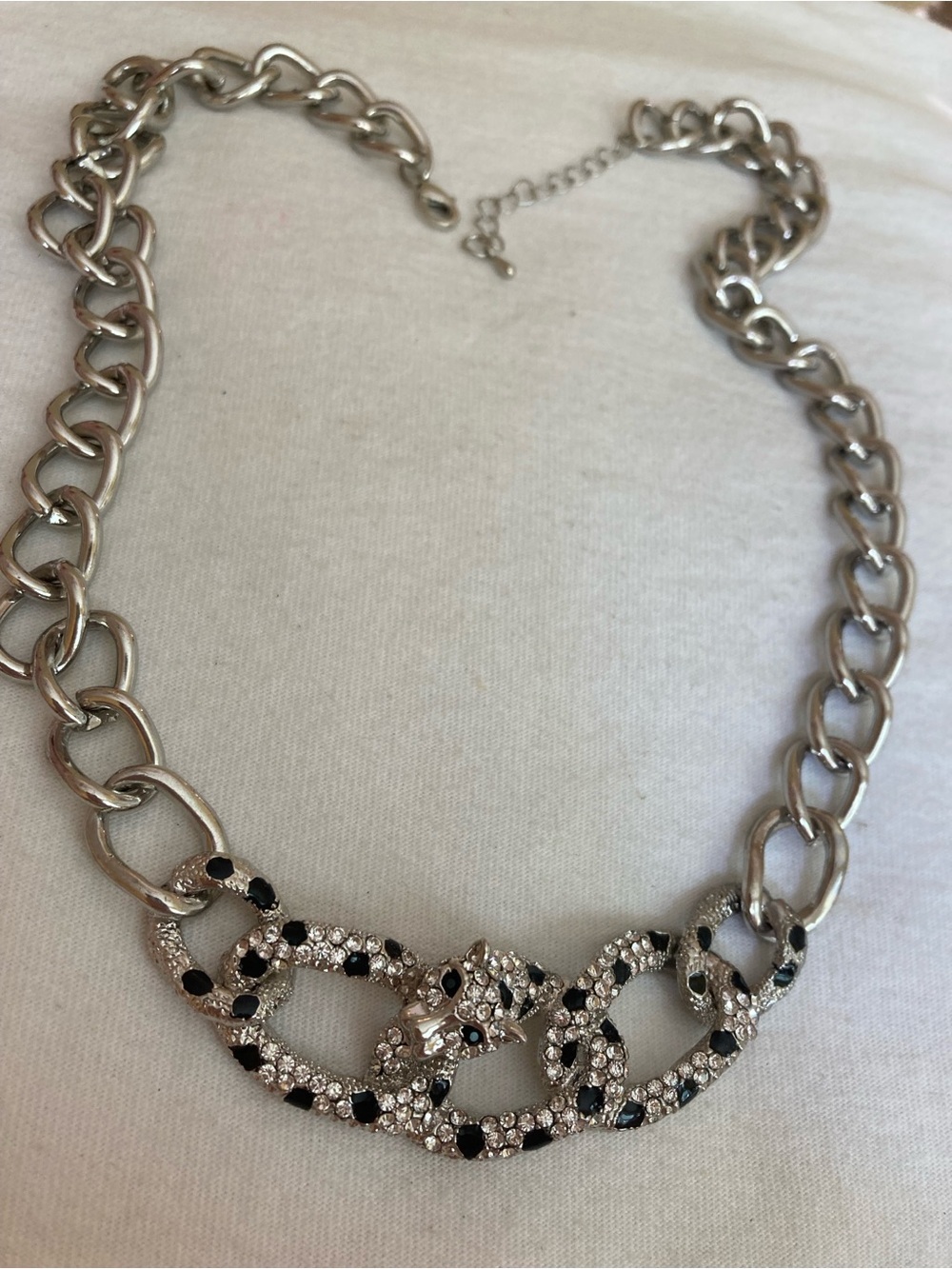 Panther Animal Big Cat Silver Tone Necklace Clear & Black Stones